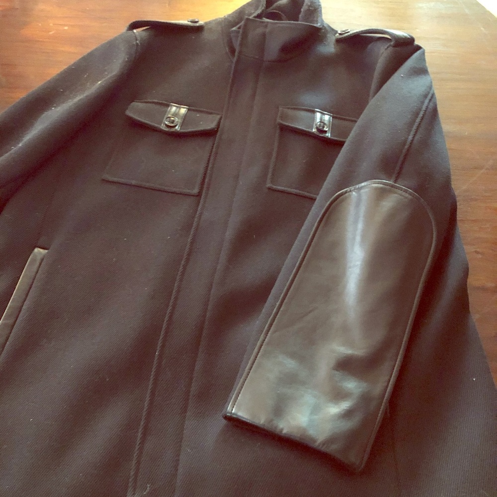 Cole Haan navy wool jacket with leather trim